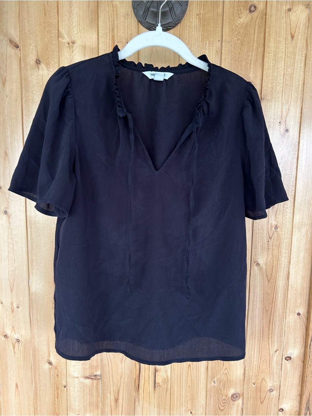 Women’s Nine West Black Ruffle V-Neck Short Sleeve Blouse Size Small
